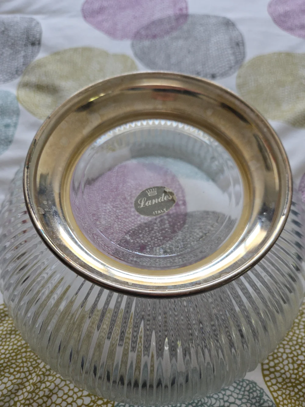 Landes/Italy....Clear Glass Ribbed Bowl with Silver Plated Base